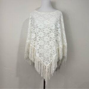 Chico's Macrame Fringe Floral Lace Poncho Ivory Festival Boho Fairy Hippie Vacay
